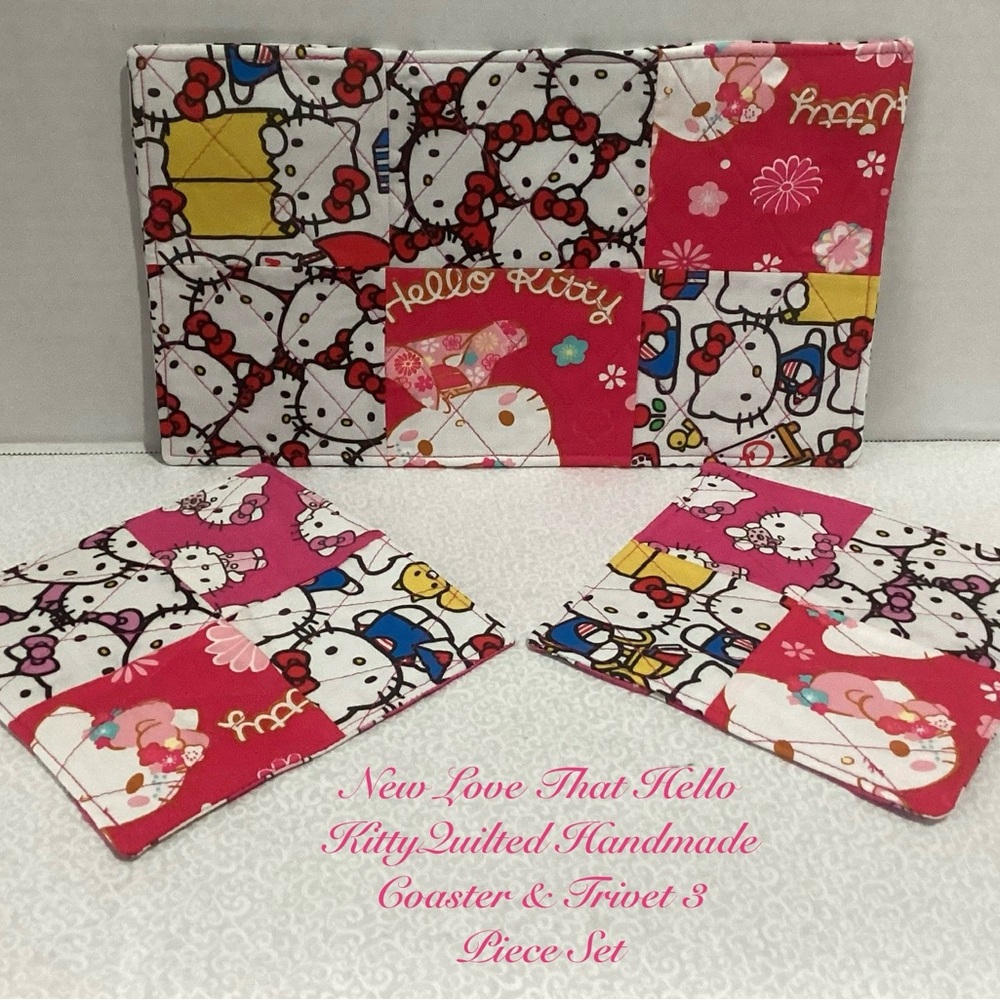 NEW LOVE THAT KITTY QUILTED HANDMADE RUG MUG COASTER SET